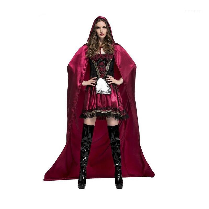 

Sweet Little Red Riding Hood Halloween Costume Masquerade Carnival Fancy Outfit Cosplay Little Red Cap Dress with Cloak1, Multi