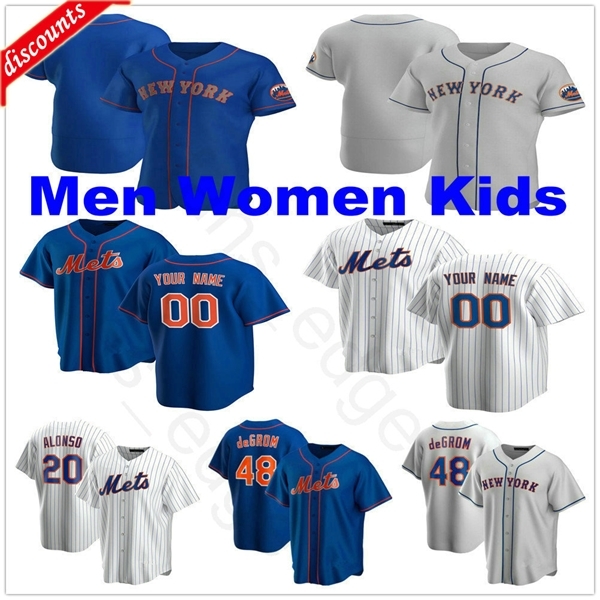 

2020 New Custom Men Women Kids Youth #48 Jacob deGrom 34 Noah Syndergaard Robinson Cano David Wright 20 Pete Alonso Stitched Baseball Jersey, Blue;black