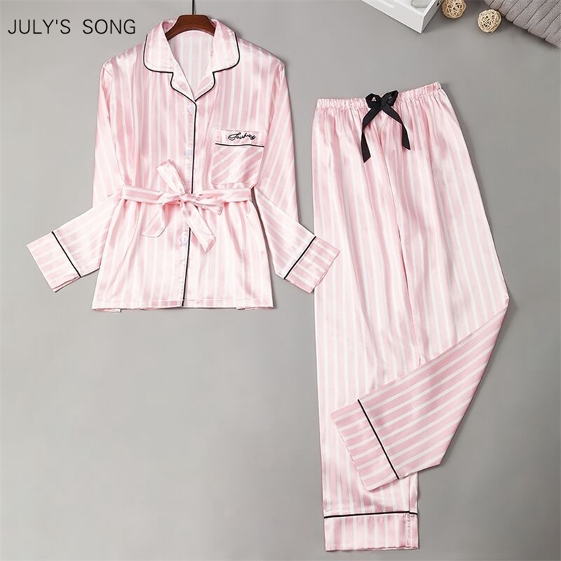 

JULY'S SONG New Faux Silk Women Pajamas Set 2 Pieces Satin Stripes Polka Dot Printed Sleepwear Long Sleeves Autumn Homewear 201113, Color1