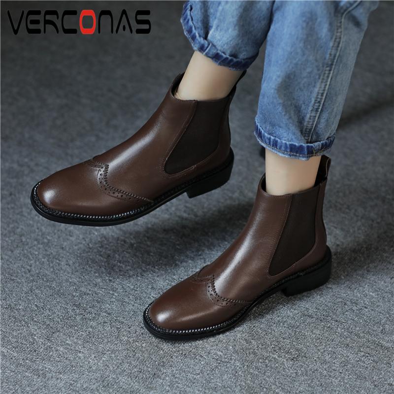 

VERCONAS 2021 New Retro Concise Ankle Boots For Women Genuine Leather Fretwork Low Heels Shoes Woman Autumn Winter Casual Boots, Brownr