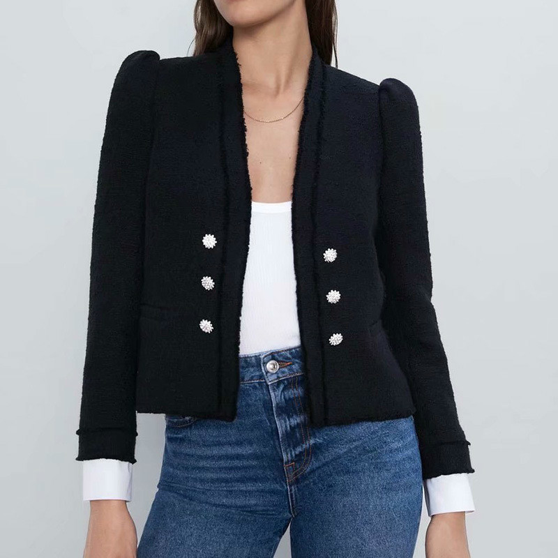 

European Wool Blazers Women Knitted or Crocheted Short Two Sliced Sleeves Lady of the Double Office Breasted Jacket 1lf4, Black