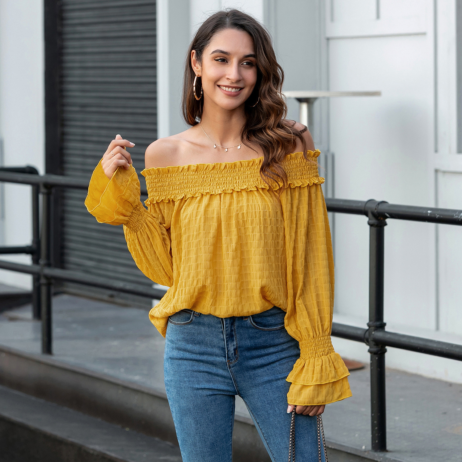 

Autumn 2020 sexy word shoulder lotus leaf release top cross express stand alone 0GBV, Yalow