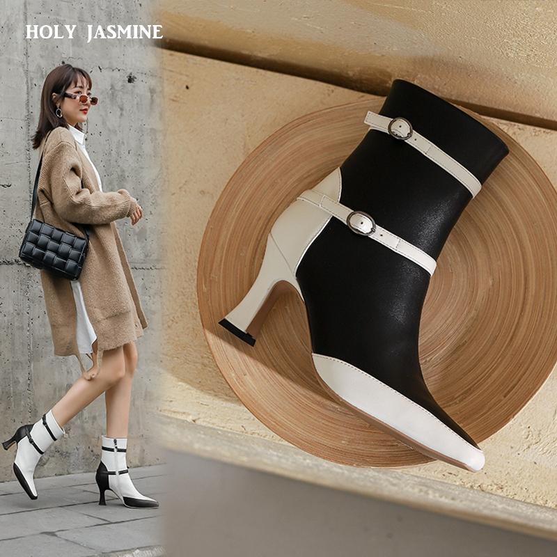 

2021 Autumn New Women Boots Fashion Buckle Ankle Boots Pu Leather Wedges High Heel Long Square Toe Winter Woman Shoes, Black