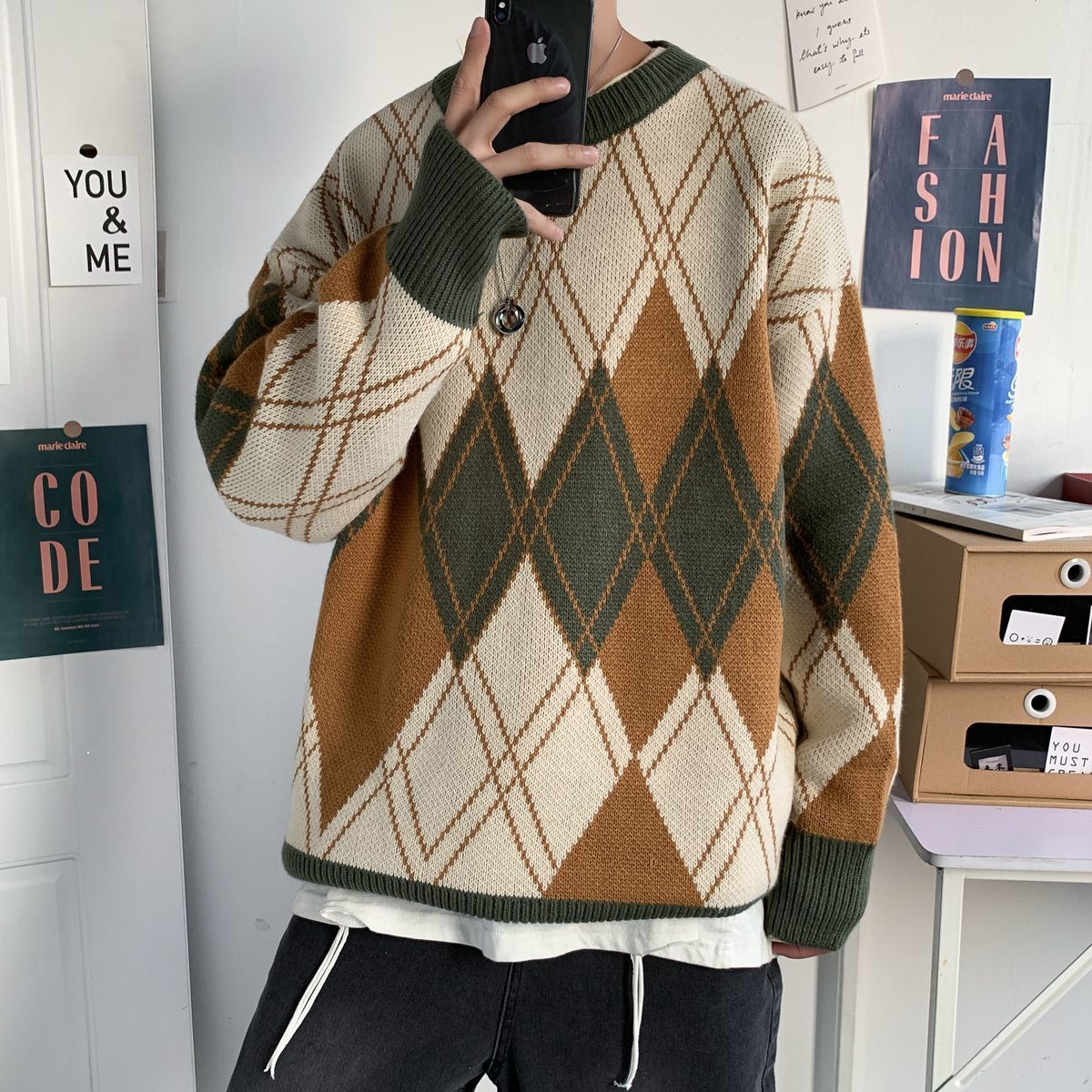 

Men's 2021 Knitted Shirt New Nightgown Loose Street Pullover in Coat Winter Clothes Limited Time RRW3, Creamy-white.