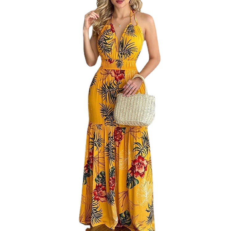 

Summer new print backless sun dress, Yellow