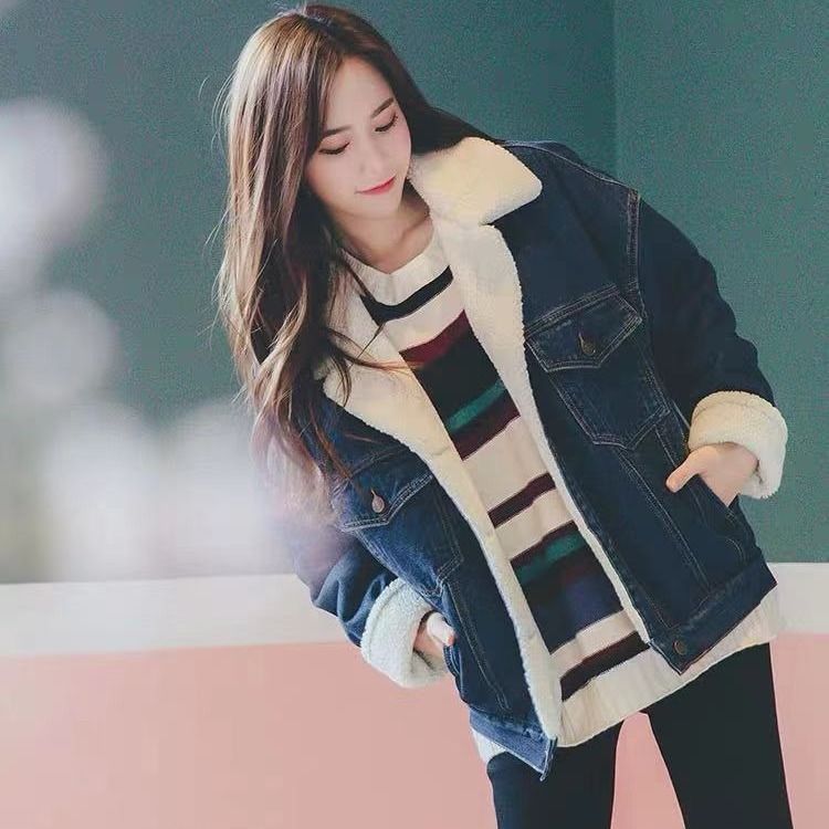 

Winter Stitched Lamb Wool Denim Jackets Warm Parka Outerwear Women Cotton Coat Girl Fashion Jacket Female, Black;brown