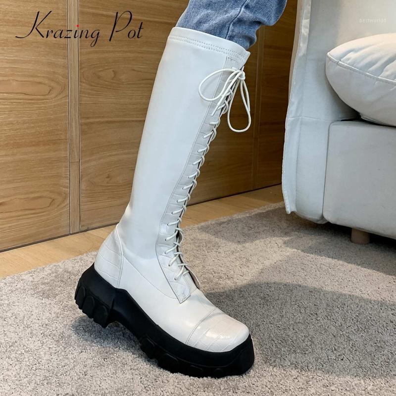 

Krazing Pot motorcycle boots genuine leather platform coolest round toe thick high heel lace up punk maiden knee-high boots L781, Beige