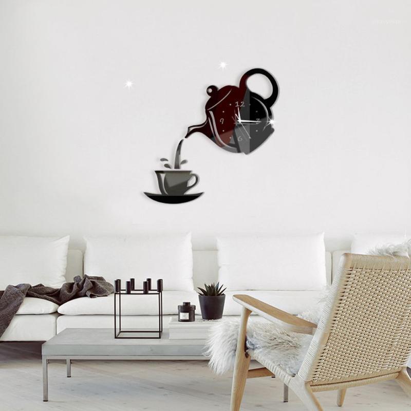 

Acrylic Mirror Coffee Cup Teapot Wall Clock Watch Quartz Movement 3D Stickers Wall Clocks Home Decor for Dining Room Living Room1