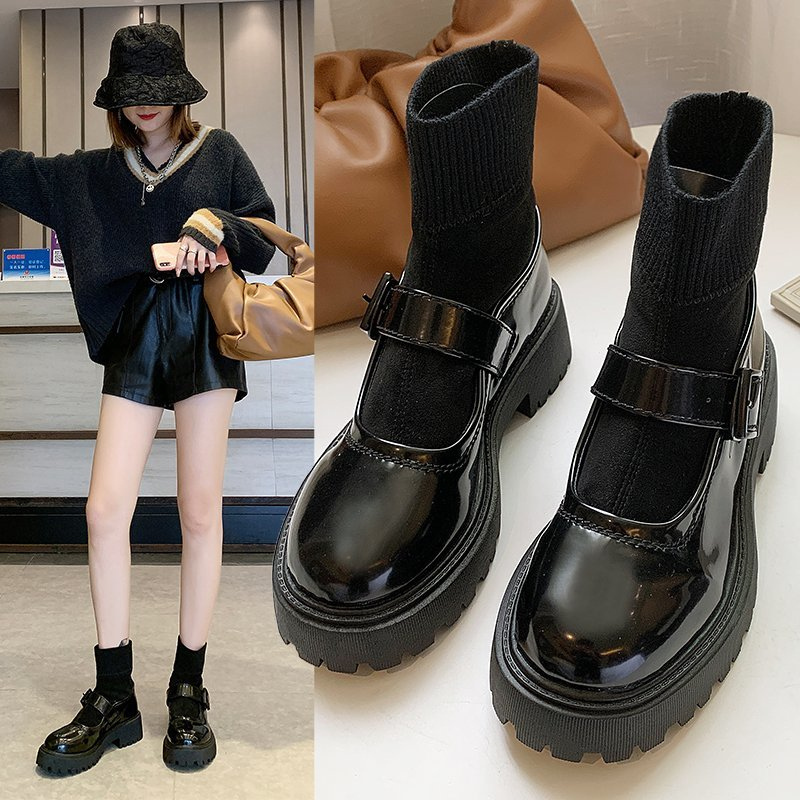 

2021 Women 5cm High Heels Wedges Ankle New Thick Boots Winter Goth Shoes Pzb2, Black