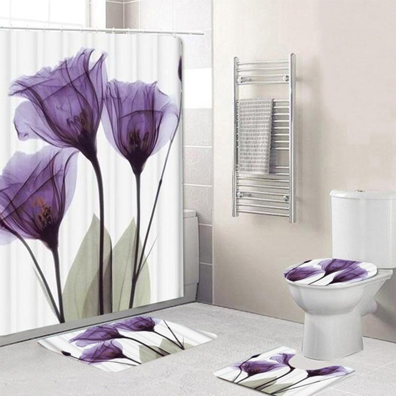 

Shower Curtain Set Three-Piece Toilet Durable Beautiful Flower Shape Polyester Comfortable Soft Waterproof Toilet Seat Printing, Shower curtain 1