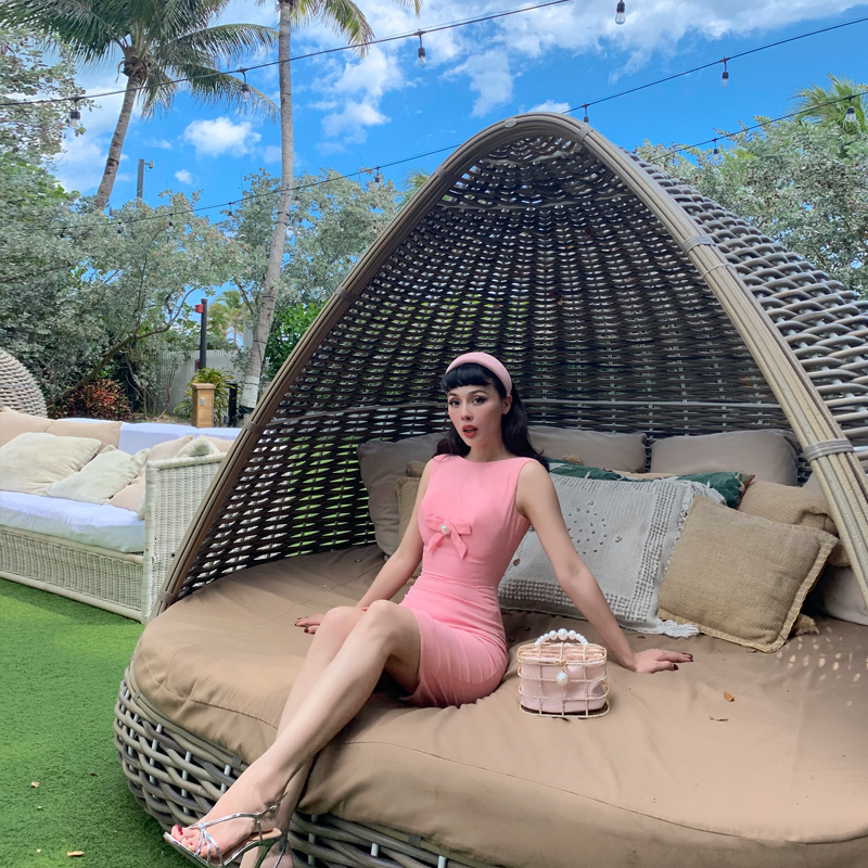 

2021 New Le Palais Original of Vintage Elegant Pink Butterfly Hepburn Thin Style the Sleeveless Neck Dress Party 74A6