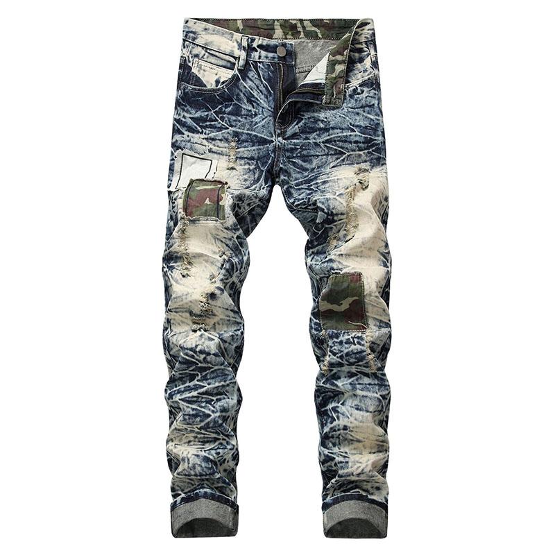 

Men's Mens Spliced Ripped Male Patch Beggar Vaqueros Denim Pants Pantalon Trousers, 809