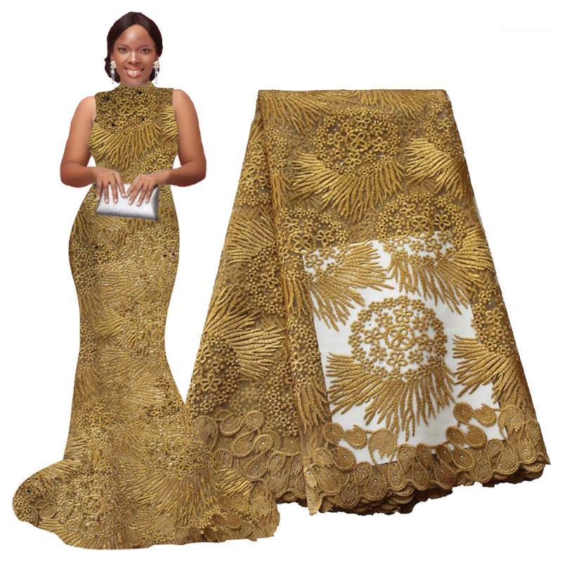 

African Lace Fabric 5 yards High Quality Guipure Lace Tulle French Embroidered Mesh Fabric Gold White for African Wedding1