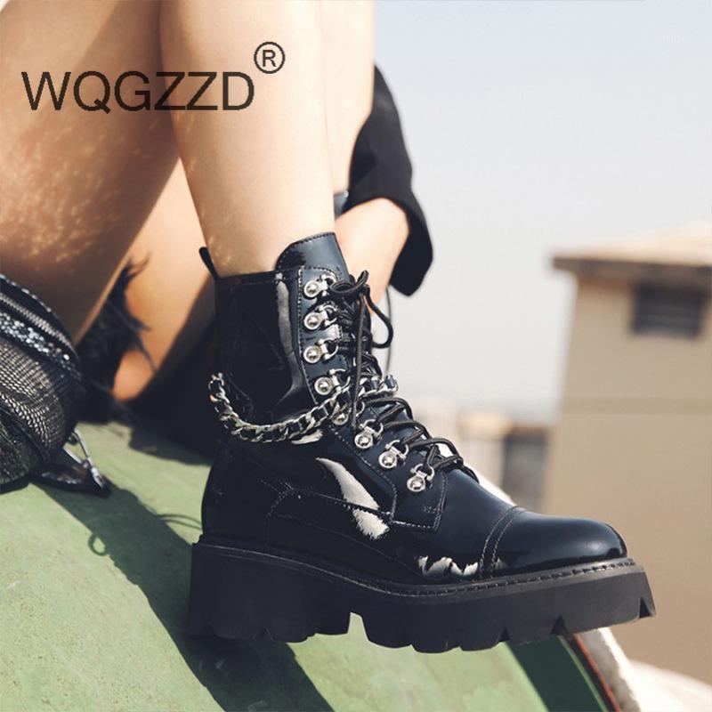 

2020 high heels shoes women's ankle boots metal chains decoration luxury motorcycle boots zapatos mujer1, Black