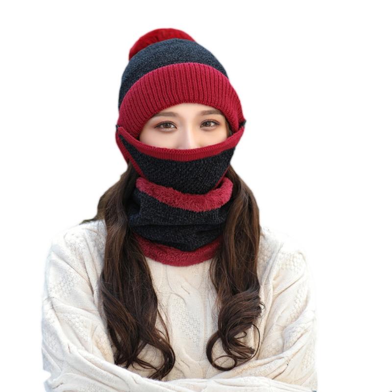 

Women Winter 3Pcs Contrast Color Knit Warm Pompom Beanie Hat Scarf Face Mask Set M5TE