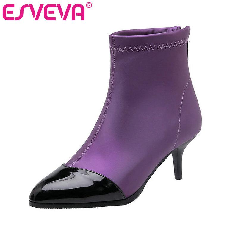 

ESVEVA 2020 Fashion Women Shoes Winter Ankle Boots Thin High Heel Zipper Pointed Toe Motorcycle Platform Boots Size 34-43, Black