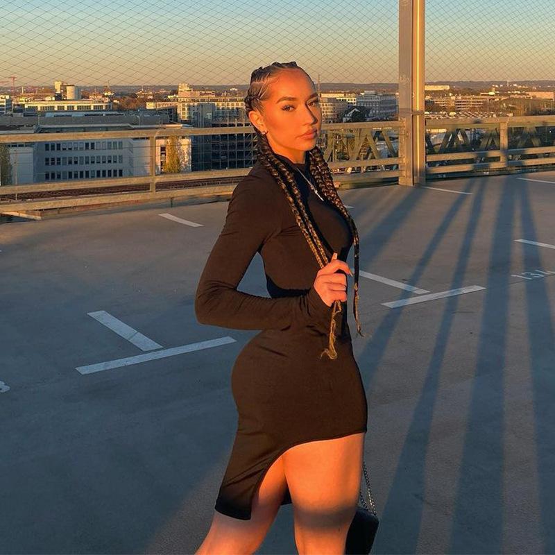 

Sexy Black One Shoulder One Sleeve Sexy Split Mini Dress Women Skinny Bodycon Fitness Party Night Club Vintage Vestidos Elegant, Black dress