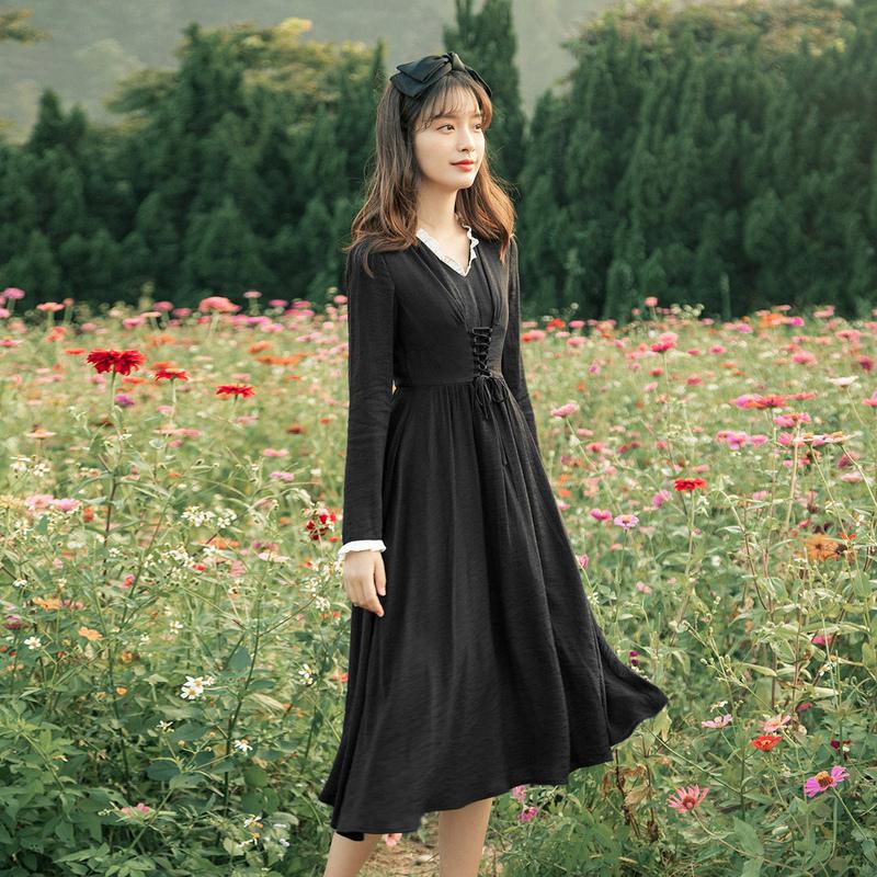 

INMAN 2021 Spring New Arrivals Women' Small Black Dress High Waist Close Waist V-neck Long Sleeve A-line Medium Length Dress