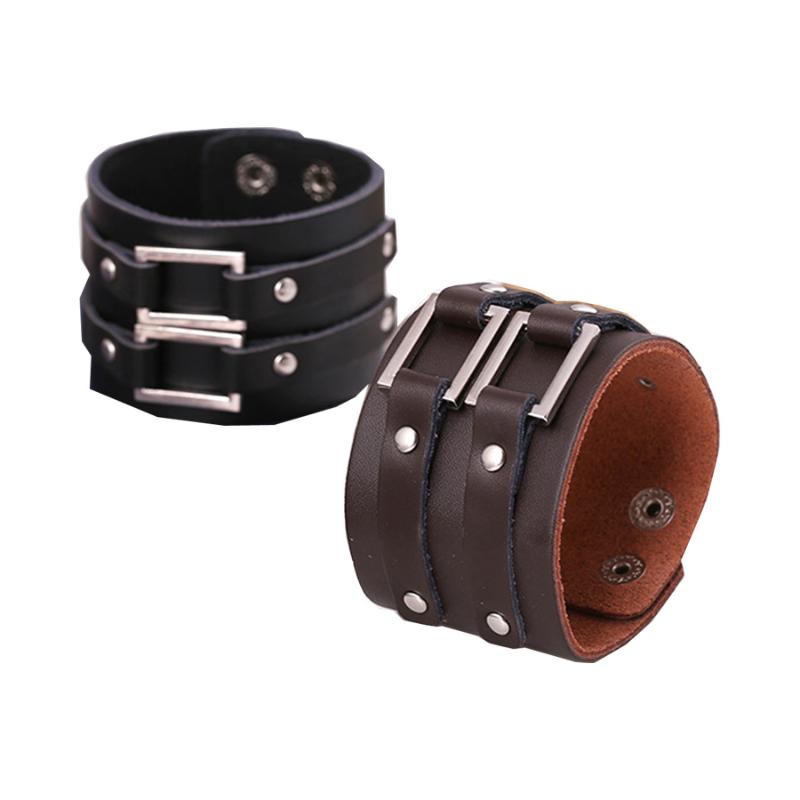 

2 Color Optional Vintage Genuine Leather Punk Wristband Brand Punk Wide Cuff Bracelets Charm Bangle For Men Jewelry Gifts FS050