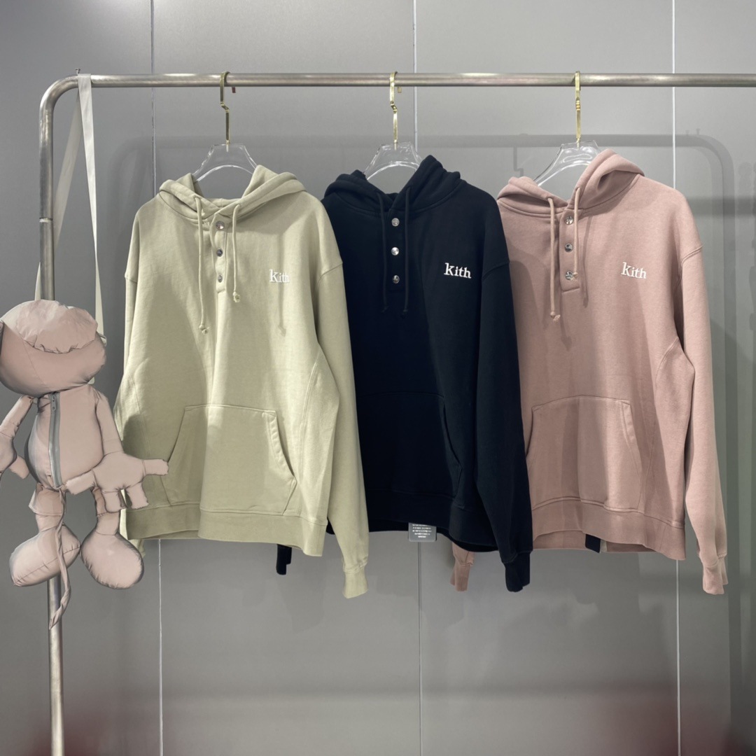 

Authentic Kith Williams IV High Street Leisure Sports Men Women' Hoodie Letter Embroidered Flap Button Washed Pullover Hooded Sweatshirt, Army green