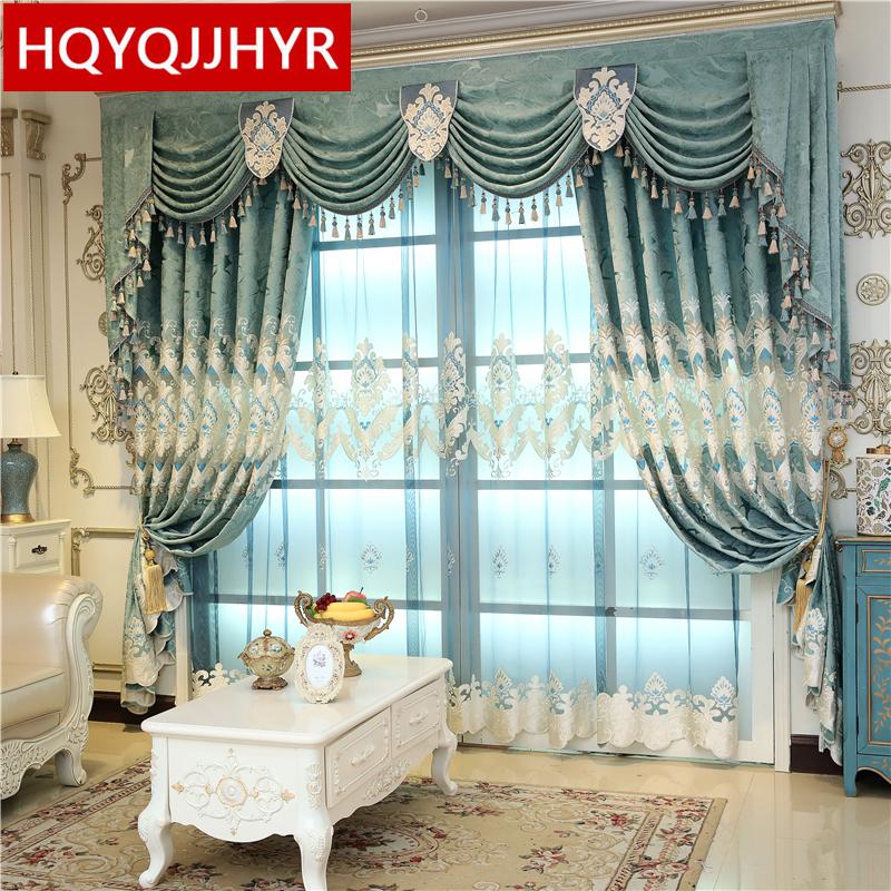 

European luxury laser embroidered Window curtains for living room balcony classic high quality blue curtains for bedroom kitchen, Tulle
