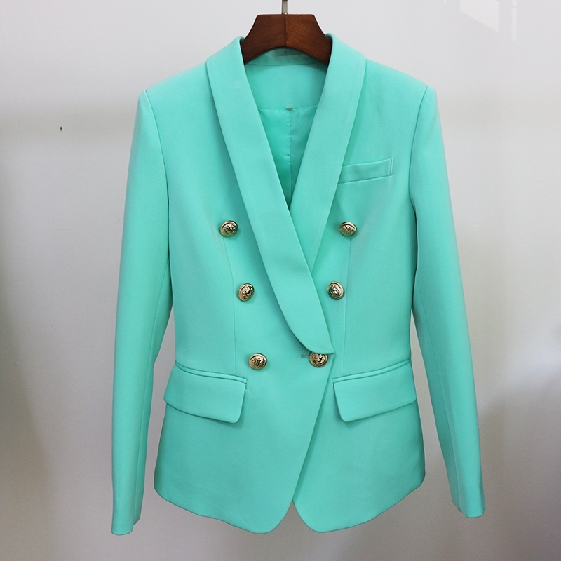 

HIGH STREET Newest Fashion Designer Jacket Women's Slim Fit Double Breasted Lion Buttons Shawl Collar Blazer Mint Green 201114