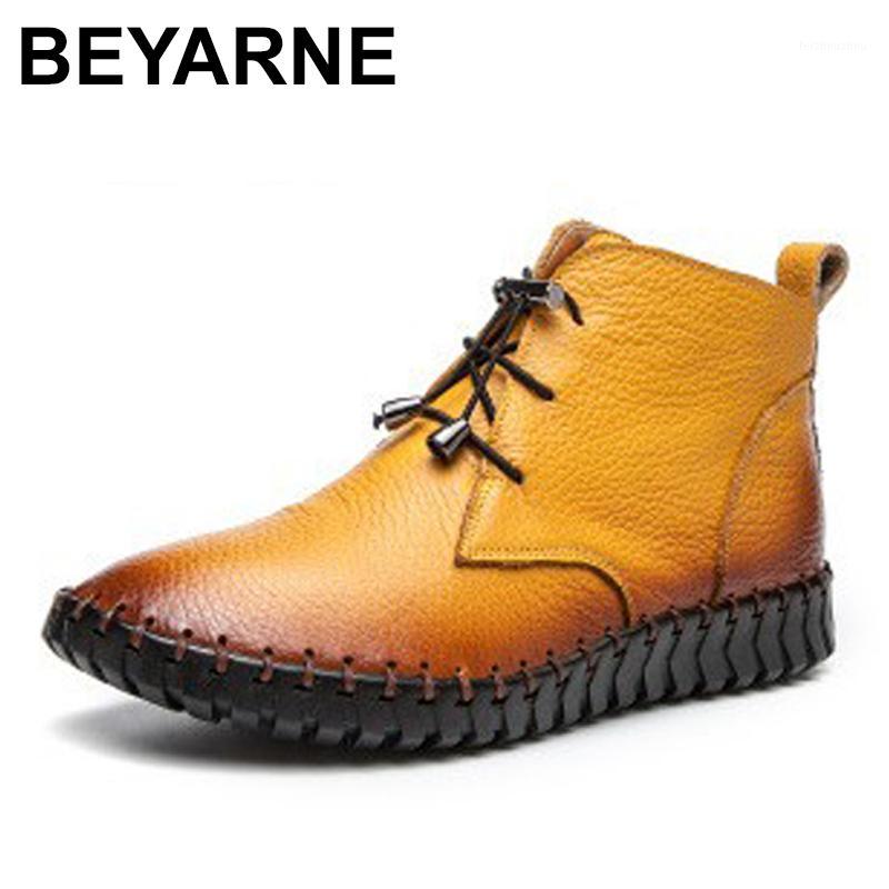 

BEYARNE Women Fashion Vintage Handmade Genuine Leather Shoes Female Autumn winter Platform Ankle Boots Woman Casual Boots1, Yellow single lining