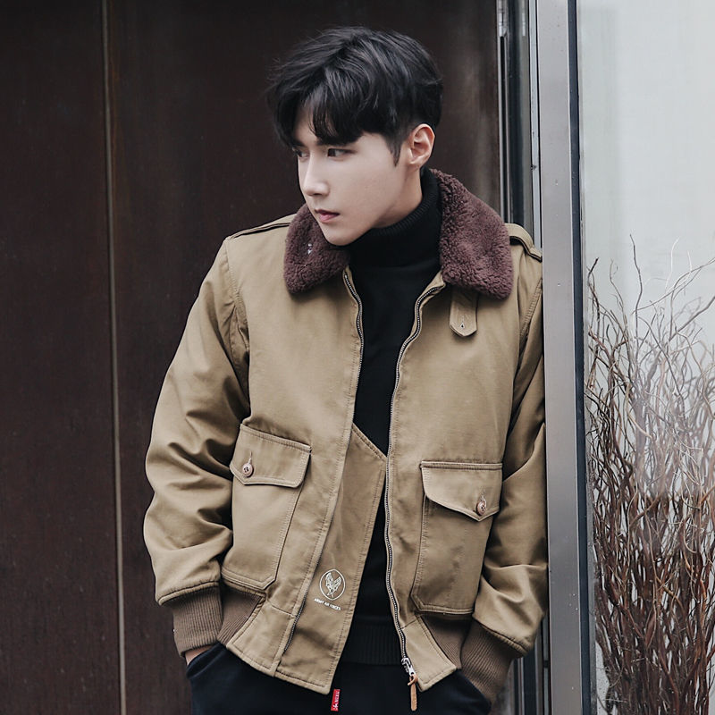 

2021 Men's Autumn Thin New Lamb Long Hair Jacket Male Youth Wear RX9B, Khaki.