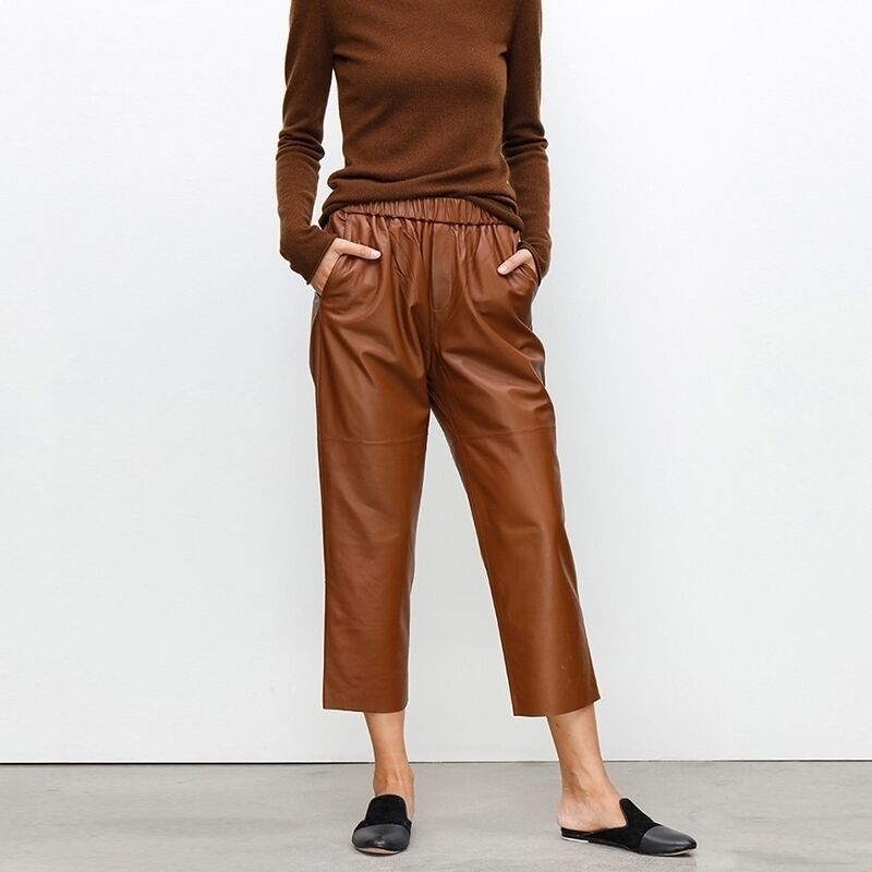 

Genuine leather harem pants Women's real sheepskin trousers high waist plus size women pants new Elastic waist streetwear 201119, Avocado green