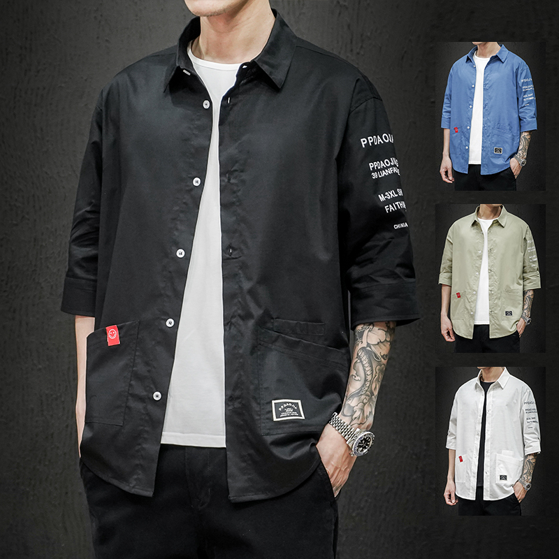 

2021 New Men 's Casual Jacket Half Sleeve Plaid Hip Hop Shirt Spring and Autumn Fit 7ngm, Green