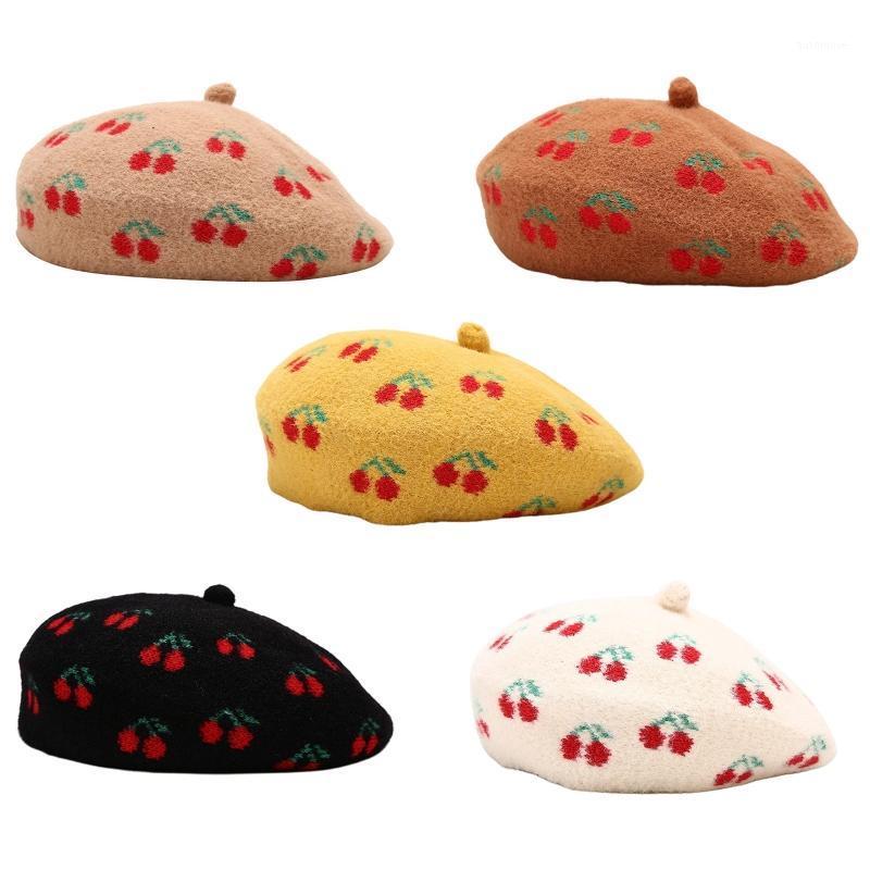 

Women Cute Cherry Fruit Print Faux Wool Beret Cap Vintage Newsboy Painter Hat 649C1, Bk