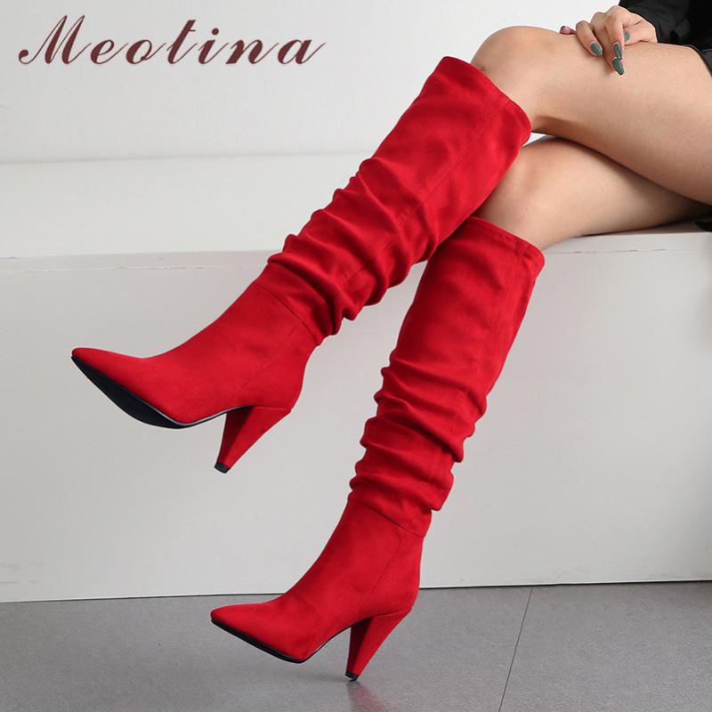 

Meotina Knee High Boots Women Pointed Toe Super High Heel Shoes Pleated Spike Heel Long Boots Female Autumn Winter Red Size 43, Black