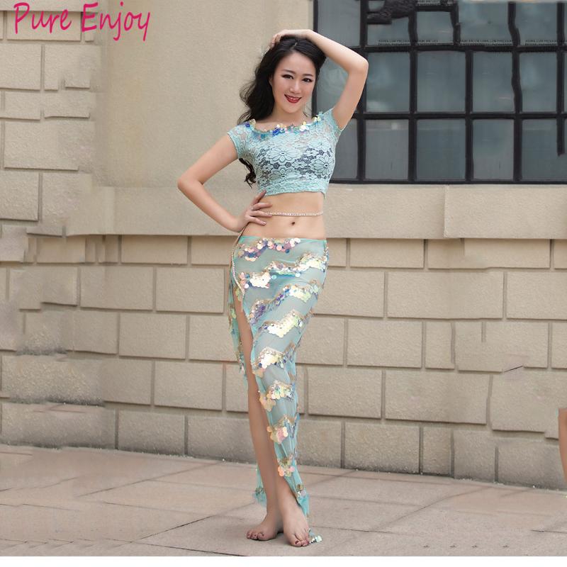 

Stage Performance Dance Wear Belly Dance Women's Clothing 2 pcs Professional Belly luxury Set (top+Skirt)Lace sequin dress, Pink