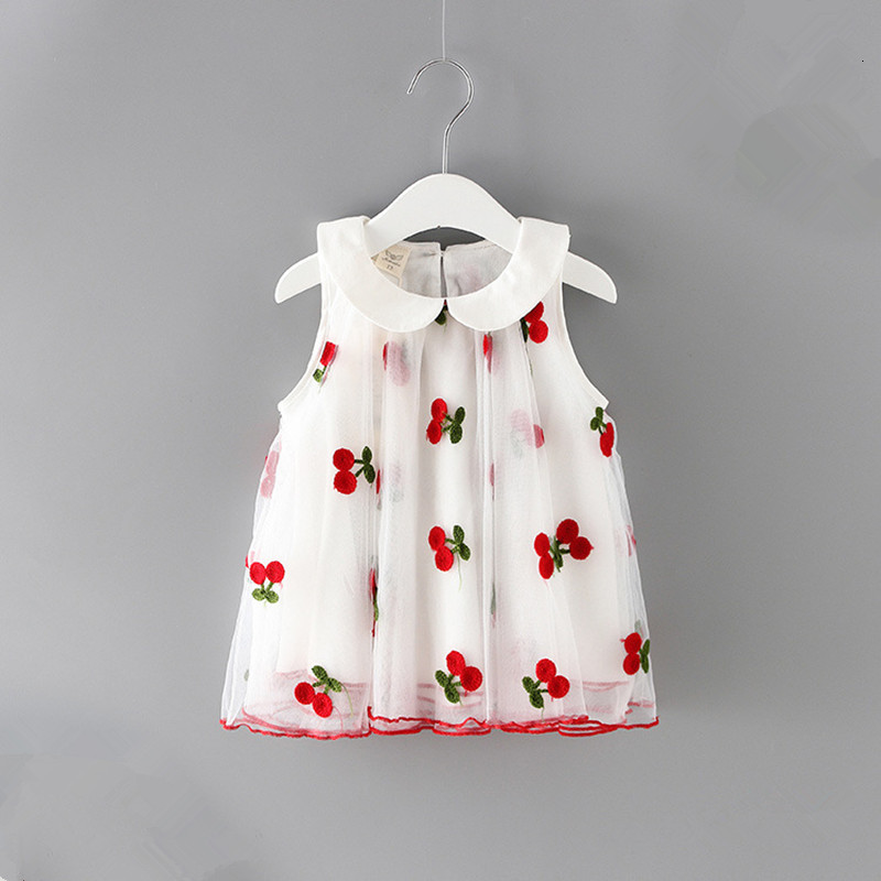 

2021 New Peter Pan Collar Cherries Embroidery Baby Infant Kid Girls Lace Princess Clothes 0-2y Jpqs, White
