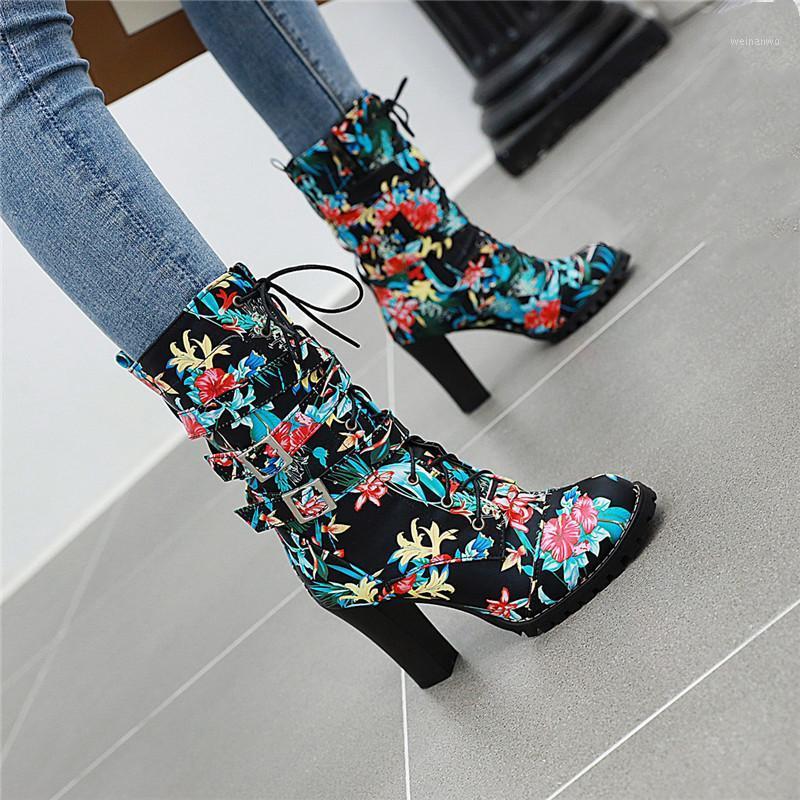 

YMECHIC White Black Flower Print Buckle Strap Block High Heel Motorcycle Ankle Lace Up Biker Boots Gothic Punk Womens Shoes 20201