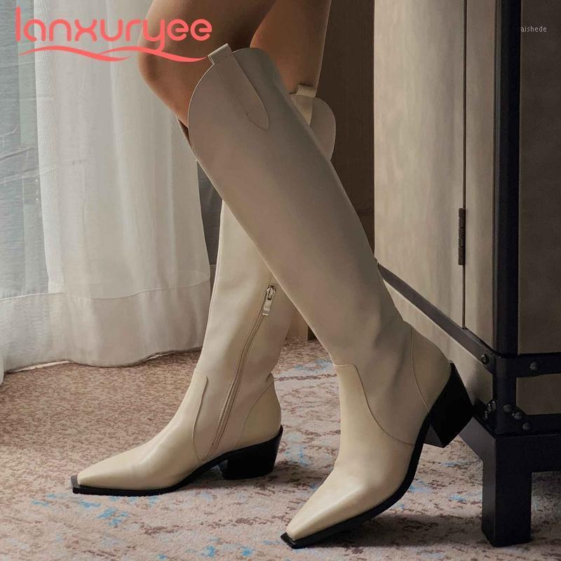 

Lanxuryee western boots genuine leather streetwear noble small square toe thick high heel zipper young lady knee high boots L371, Black