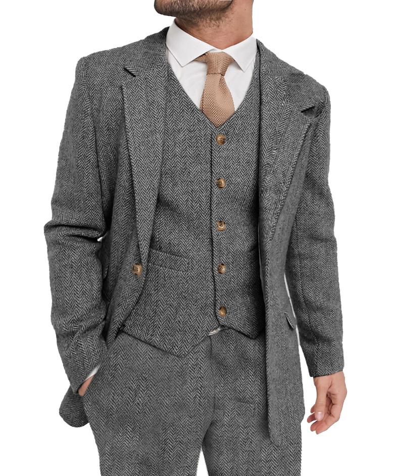 

Men's Business Suits Slim Fit Grey Houndstooth Wool Tuxedos Wool Blazer+Vest+Pants For Party Wedding Banquet Prom Stage Costume, Black