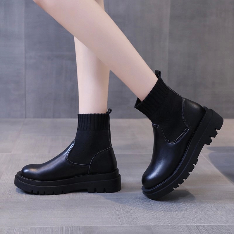 

Women Boots Knitted Ladies Comfortable Thick Bottom Female Ankle Boots Casual Comfortable Warm Shoes Woman Slip On New Fashion #sY5l, Black