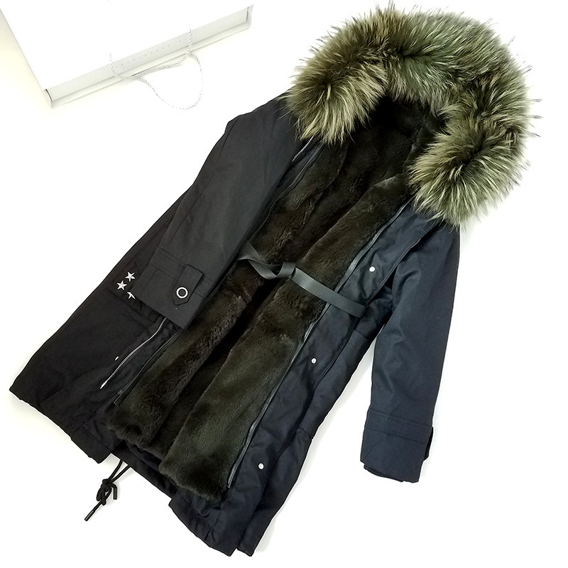 

Rex Rabbit Ladies Lining Parka Hood with Large Raccoon Fur Collar Women's Outerwear Winter Coat Ejxs, The picture
