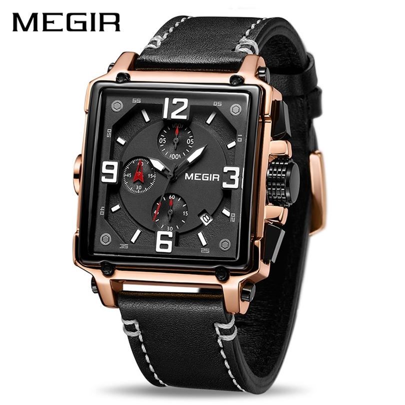 

MEGIR Creative Men Watch Top Brand Luxury Chronograph Quartz Watches Clock Men Leather Sport Army Military Wrist Watches Saat 201211, Rose black