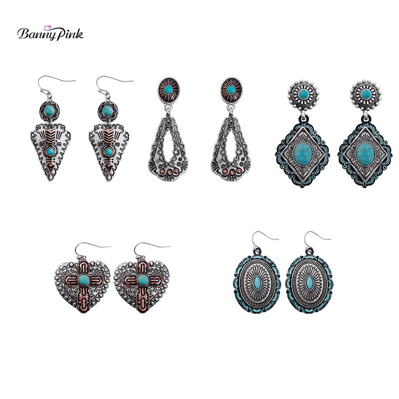

Banny Pink Vintage Heart Cross Arrow Dangle Earrings For Women Ethnic Turquoises Statement Drop Earrings Bohemia Stone