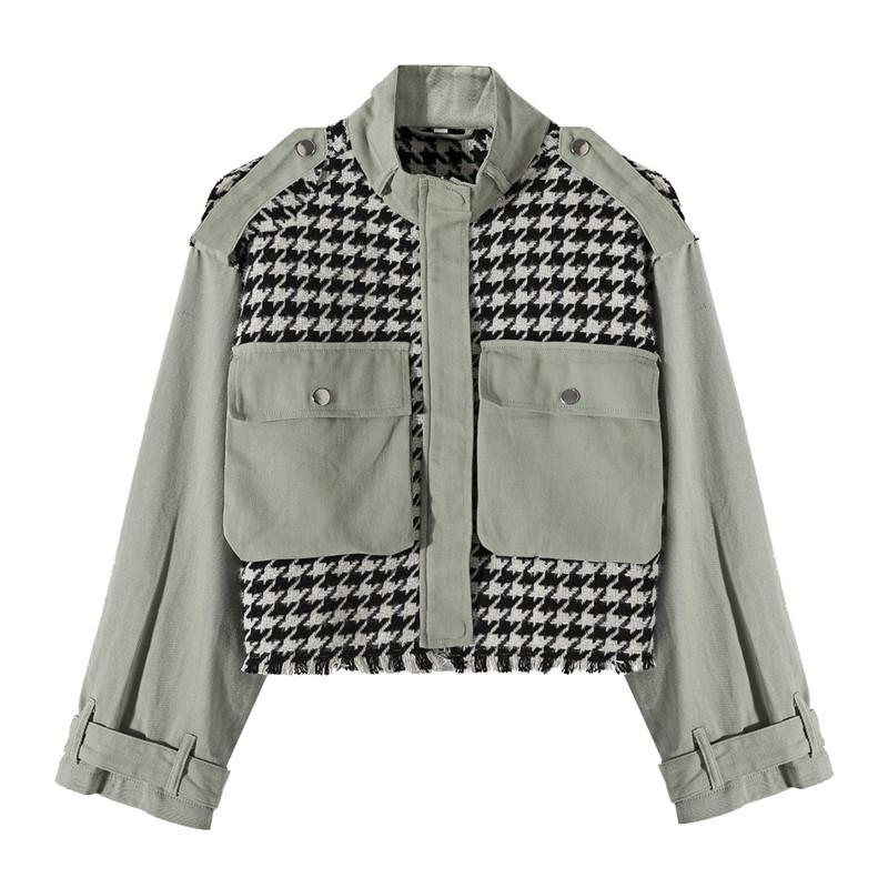 

BLSQR Houndstooth Stitching Army Green Bomber Jacket Women Autumn 2020 Vintage Casual Parka Basic Coats Jackets Chaqueta Mujer, Gold