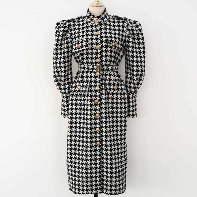 

French syle stand collar woolen dress small fragrance single-breasted slim split houndstooth pencil dress, Black