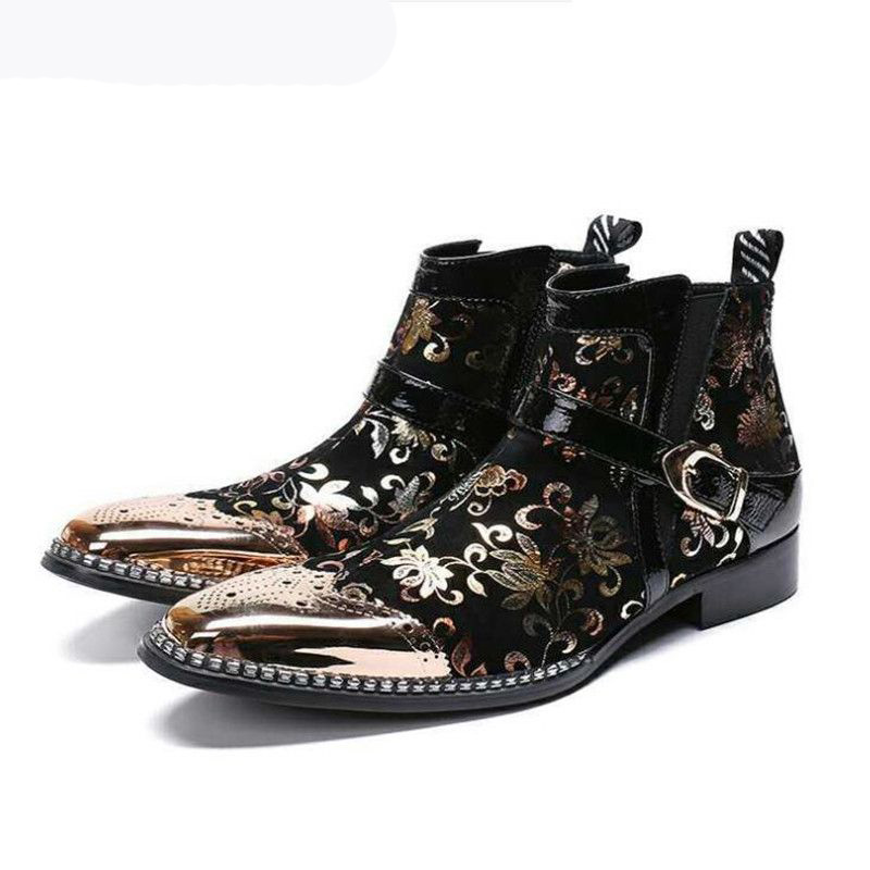 

Luxury Handsome Men Dress Boots Genuine Leather Design Gold printi Bullock Shoes Party Wedding Men Side Zipper Motorcy Boots, As show