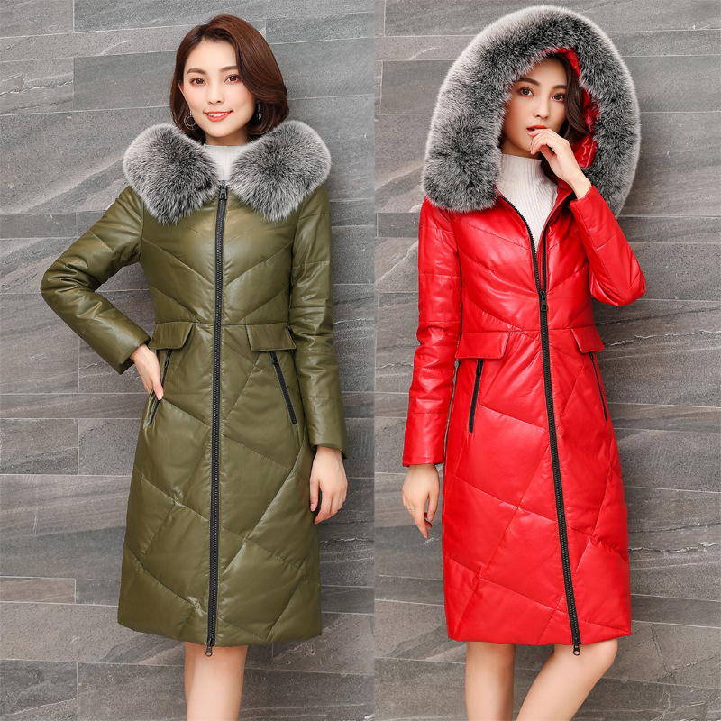 

Down Genuine Lambskin Leather Jacket for the Women Winter Fox Fur Collar with Hood Long-size Jackets Mujer Kj587 Mflk, Green