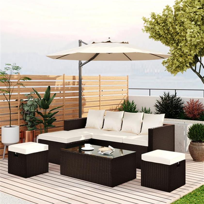 

GO 5-Piece Patio sets Furniture PE Rattan Wicker Sectional Lounger Sofa Set with Glass Table and Adjustable Chair US stock a13 a19