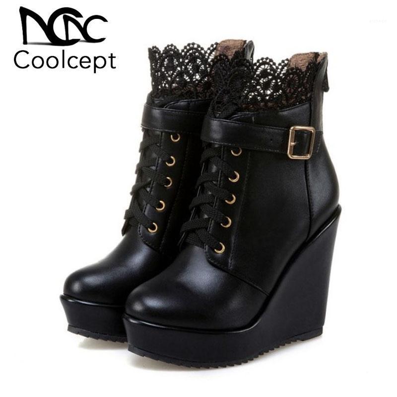 

CoolCept Women 2020 New Wedges Floral Lace Ankle Boots Round Toe Winter Short Boot Casual Shoes Woman Gothic Footwear Size 34-431, Black