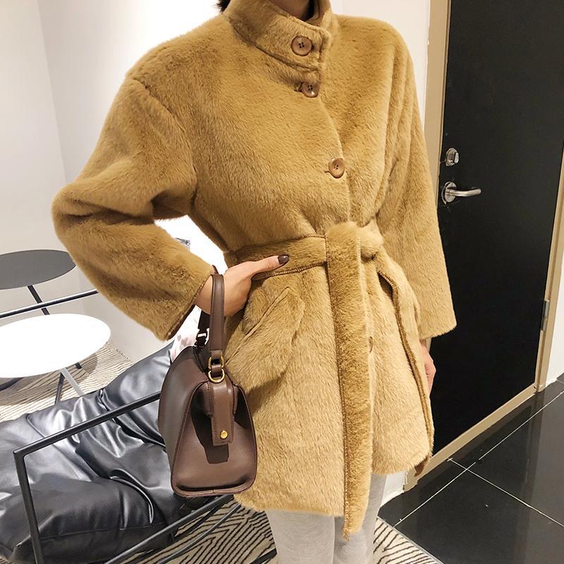 

2020 Autumn and Winter Thick Ladies Fur Jackets Faux Fur Waist Belt Fashion Jacket Women' Warm Jacket, Beige