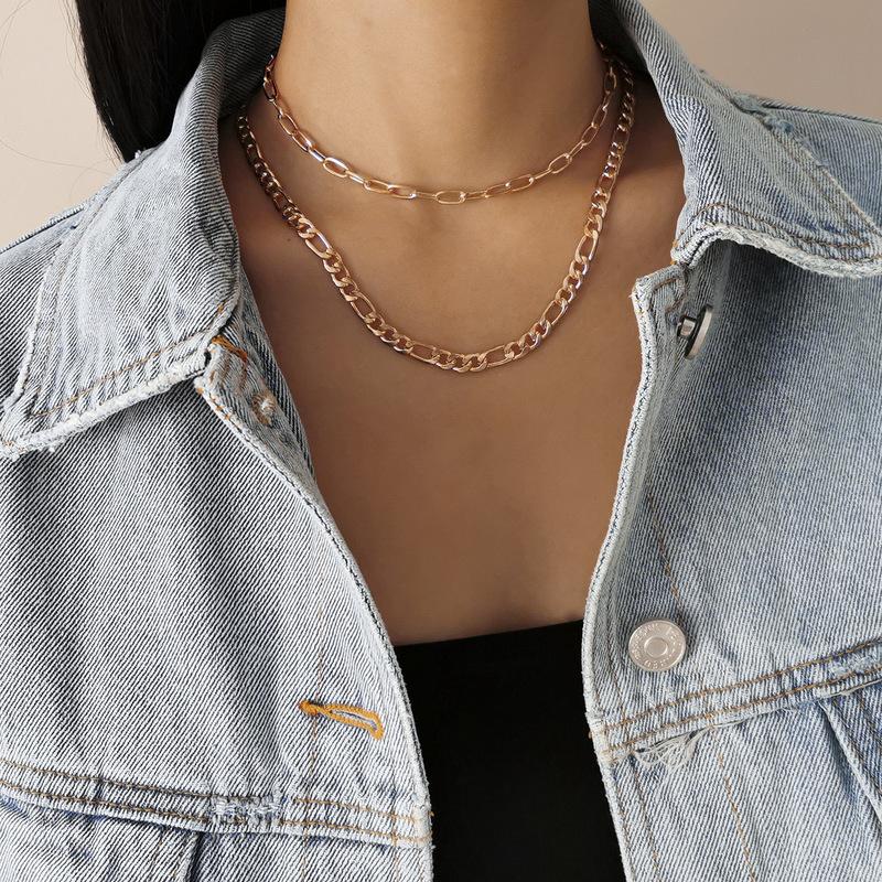 

TIMEONLY Minimalist Linked Chains Necklaces for Women Simple Gold Color Hollow Chunky Circle Double Layered Chokers Necklace