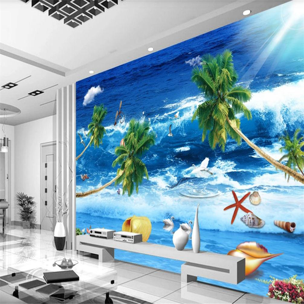 

Fresh and beautiful sea view Mediterranean style TV sofa background wall beautiful scenery wallpapers, Blue
